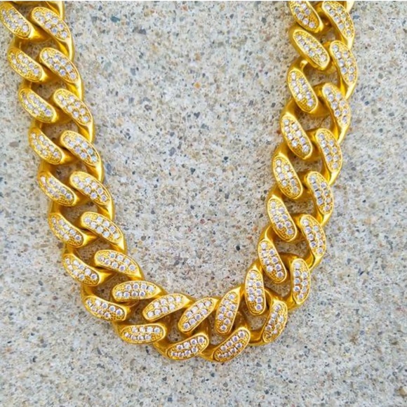 Mens cuban ice bling gold necklace chain set - Picture 6 of 6